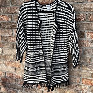 Chico’s black and white sweater/cardigan with fringe. Small